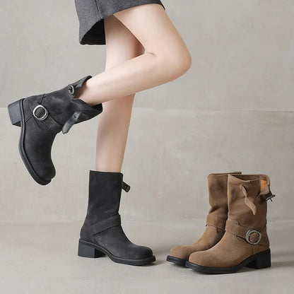 | Suede Buckle Boots in Black