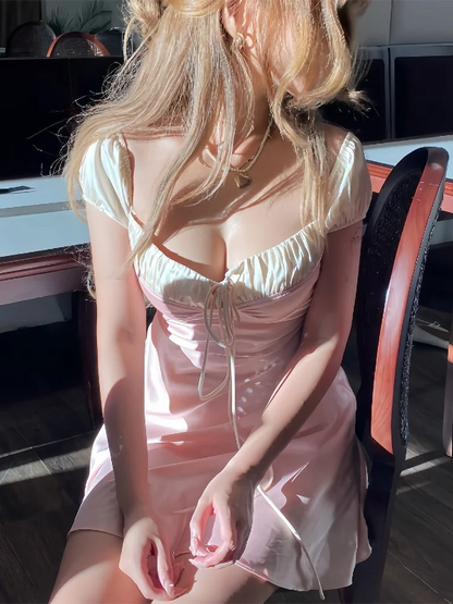Satin Off Shoulder Ruched Sweetheart Tie Front Puff Sleeve Maxi Gown