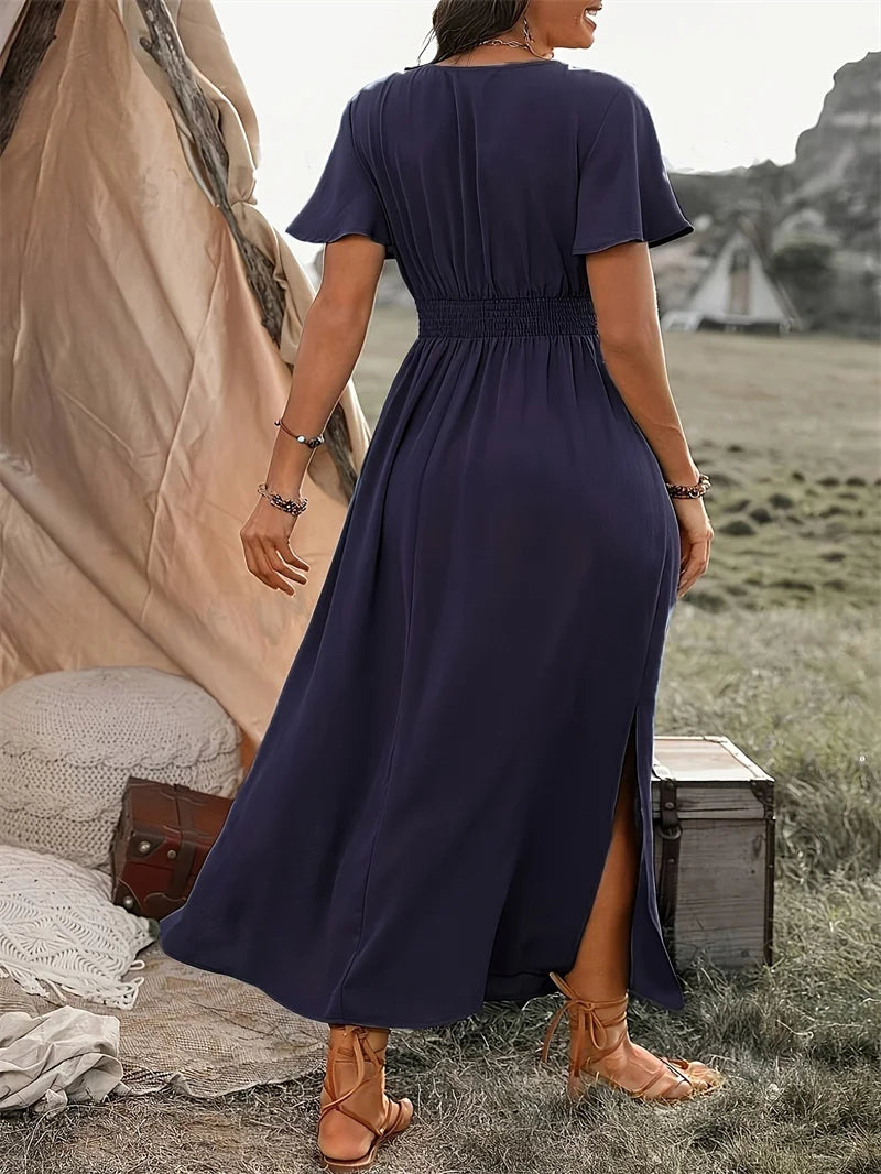 Wrap V-Neck Smocked Waist Flutter Sleeve Side-Slit Maxi Dress