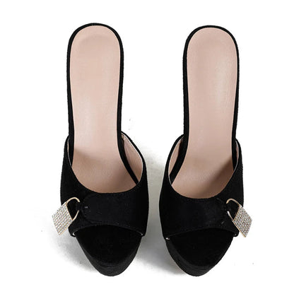 Metal Buckle Platform Slippers with Super Thin High Heels for Women