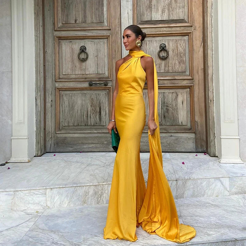 Satin Ribbon Halter Backless Maxi Dress