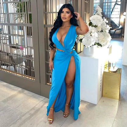 Deep V Cut Out Slit Asymmetrical Long Dress