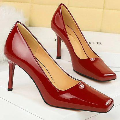Square Toe Women Pumps High Heels Stilettos Career Office Shoes in Patent Leather