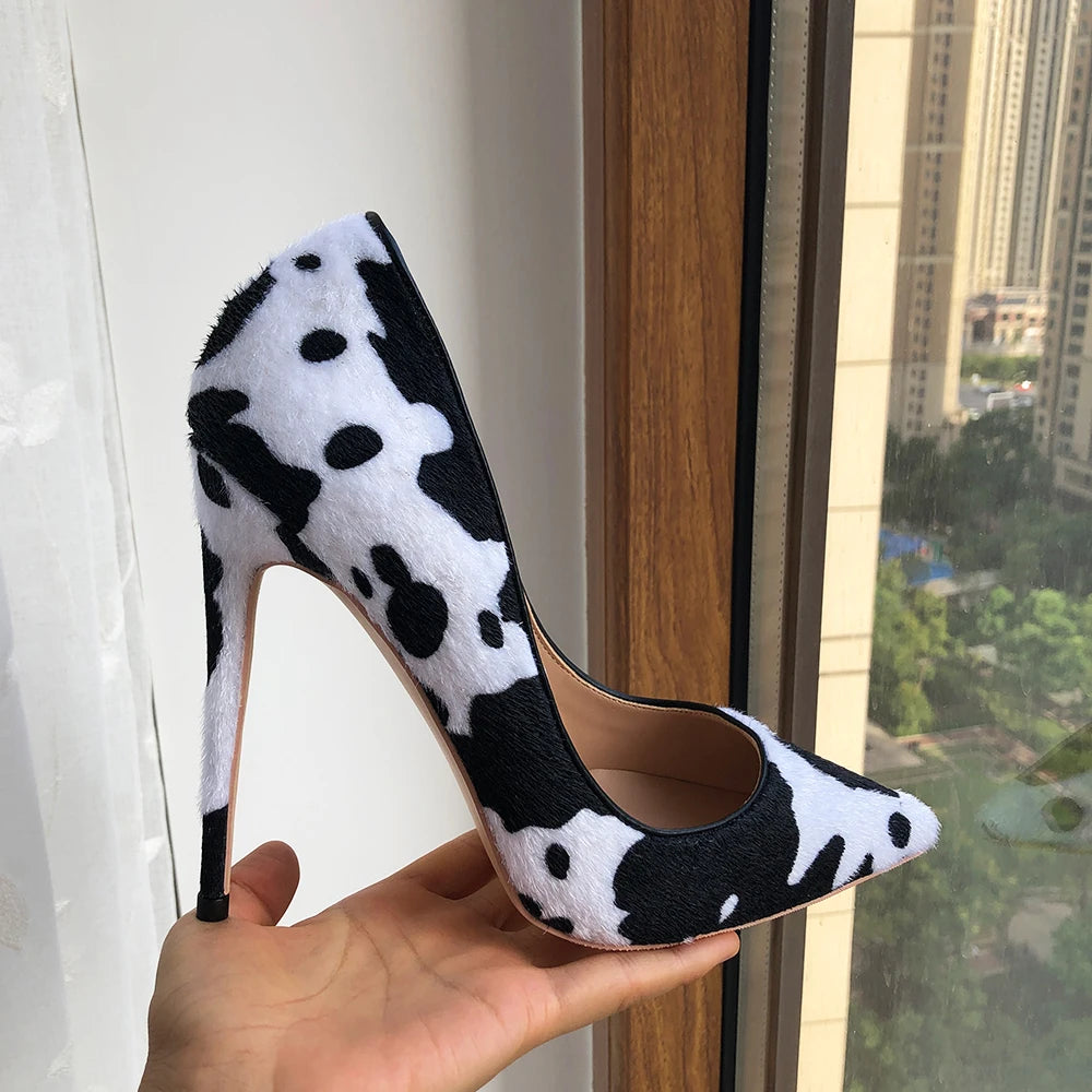 Cow Print Women White Hairy Flock Pointy Toe High Heel Shoes - Cow Print High Heel Shoes