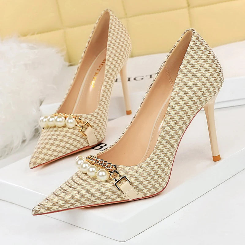 Grain Women Pumps with Pearl Chain Design - High Quality High Heels