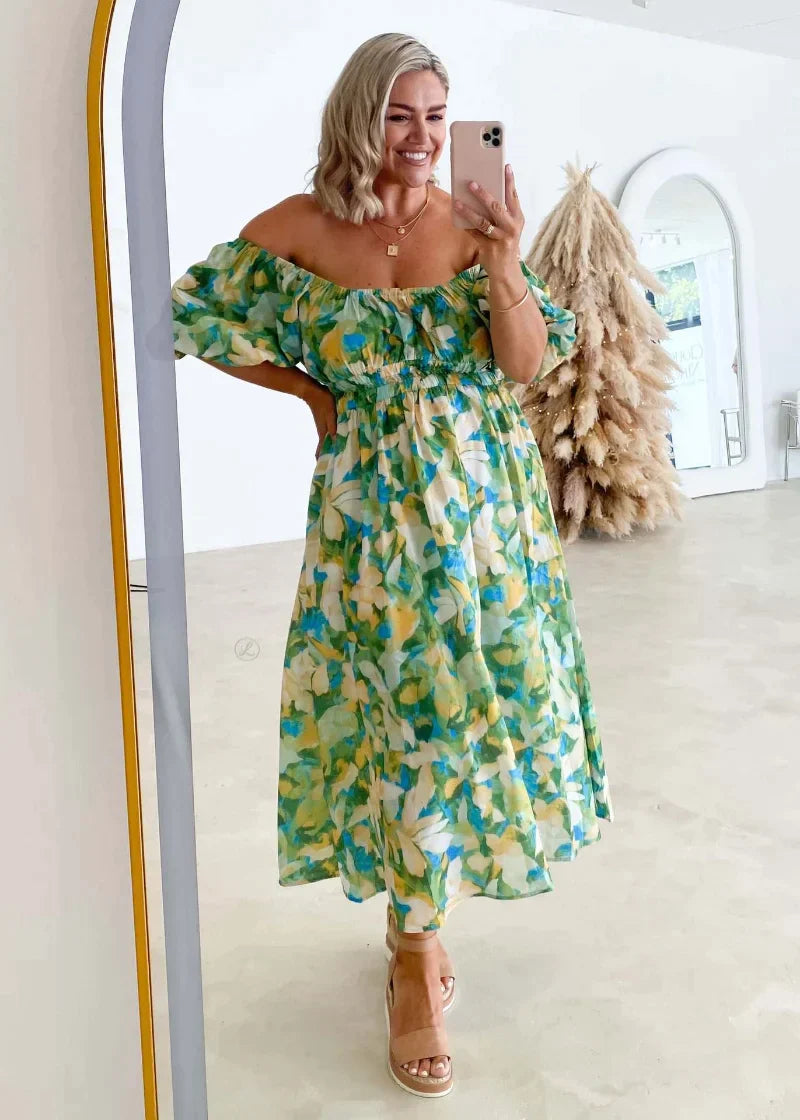 Off Shoulder Puff Sleeve Smocked Waist Floral Print Pocket Midi Dress