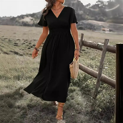 Surplice V-Neck Smocked Waist Flutter Sleeve Maxi Dress