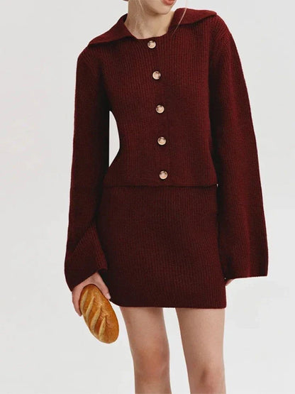 fashion Lapel Single Breasted Knitted pullover Set women chic Long Pagoda Sleeve Short Skirt suit Lady Fall Two Piece Outfits