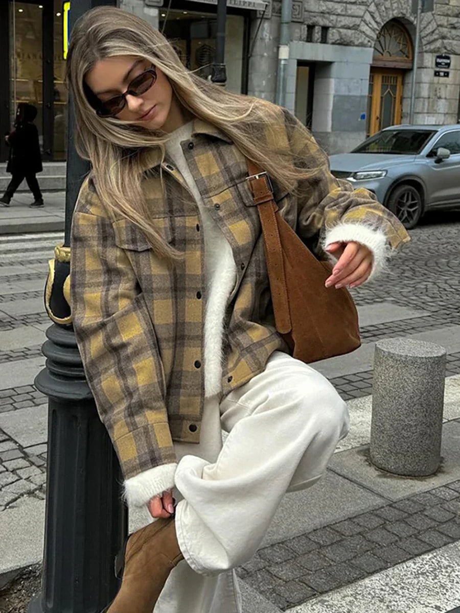 New Plaid Contrast Jacket Women Autumn Winter Single Breasted Long Sleeve Outerwear Female Streetwear Vintage Fashion Coat