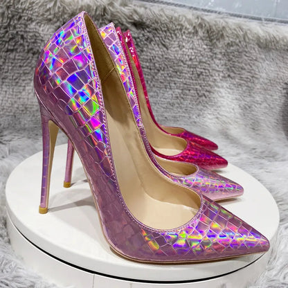 Pink Laser Shiny Crocodile Effect High Heel Shoes for Women