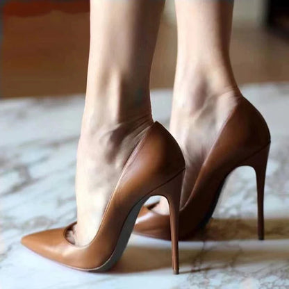 Khaki Brown Matte Pointed Toe Stiletto High Heels for Women