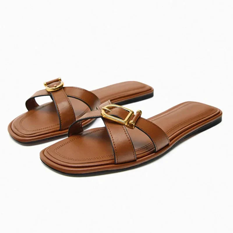 | Italian Leather Cutout Slide Sandal