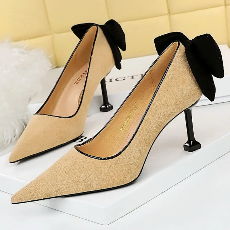 Bowknot Suede Female Kitten Heels Pumps - Spring New High-heels