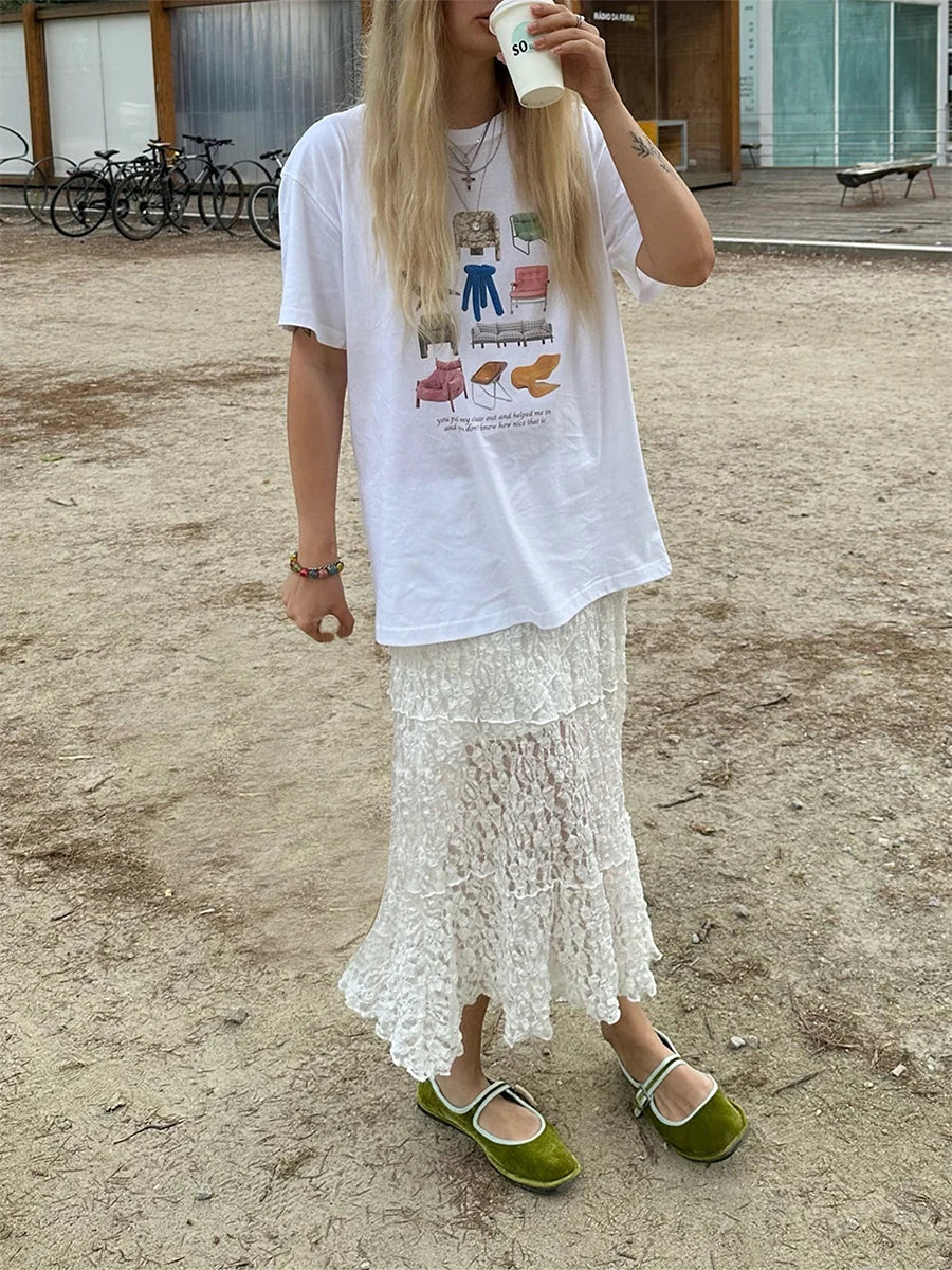 Lace Patchwork Low Waist Long Skirt