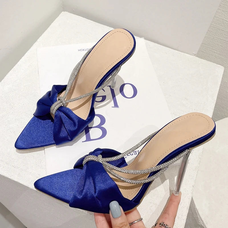 Green Silk Crystal Mule High Heels Slippers Sandals