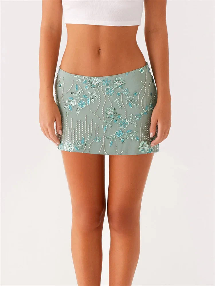 Sequined Floral Low Waist Mini Skirt