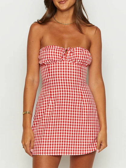 Plaid Hollow Tie-up Retro Bodycon Dress