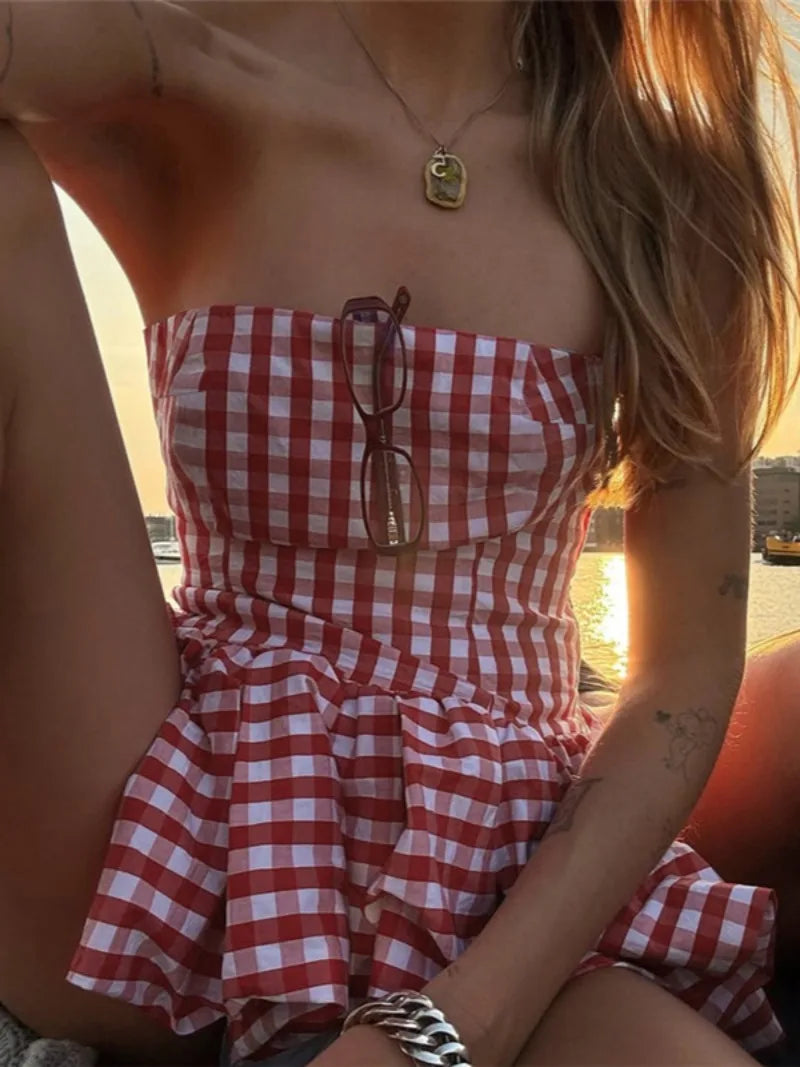 Spring Summer Plaid Tops for Women Streetwear Strapless Off Shoulder Backless Ruched Red T-shirt Girls Sleeveless Tees Top