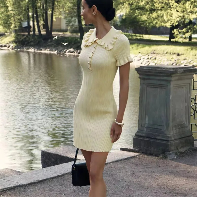 Ruffle Single Breasted Knitted Mini Dress
