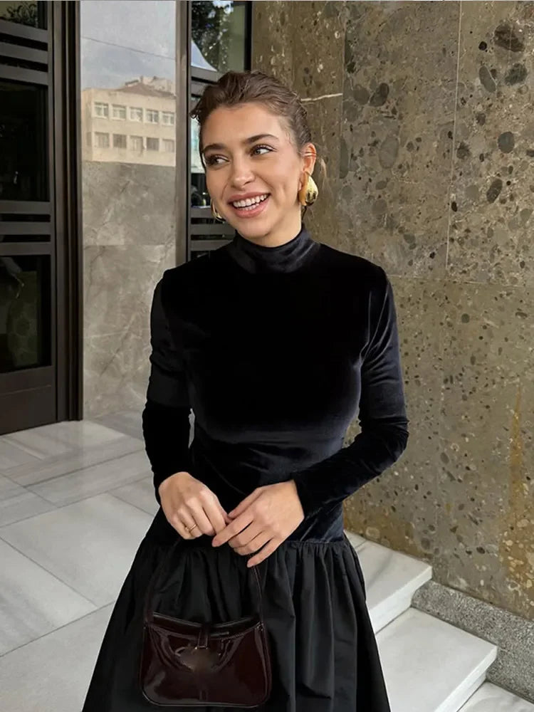 Mock Neck Long Sleeve Velvet Bodice Bubble Hem Midi Dress