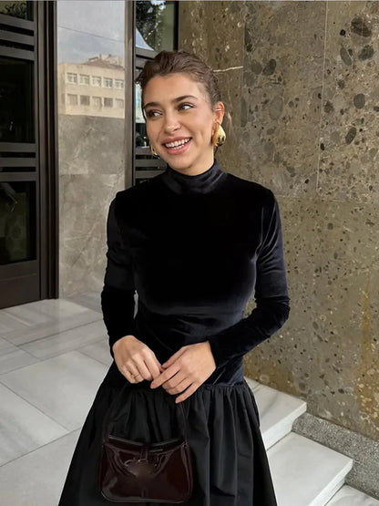 Mock Neck Long Sleeve Velvet Bodice Bubble Hem Midi Dress