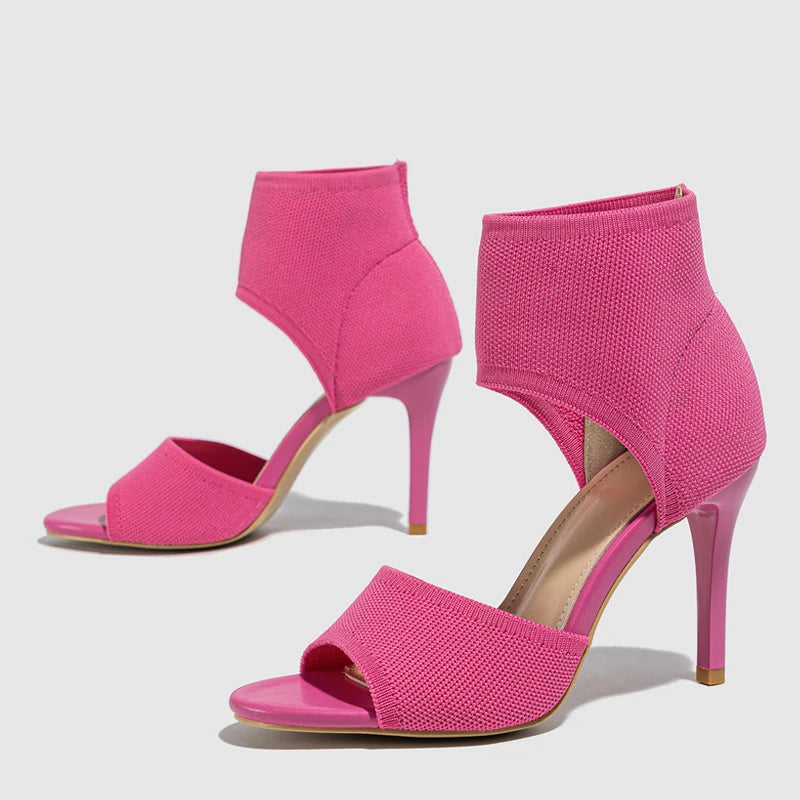 Pink Knitting Stretch Fabric Cover Heels Dance Shoes