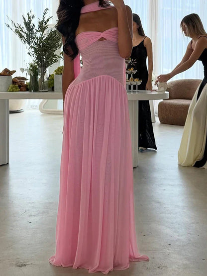 Strapless Mesh Ribbon One-Shoulder Maxi Dress