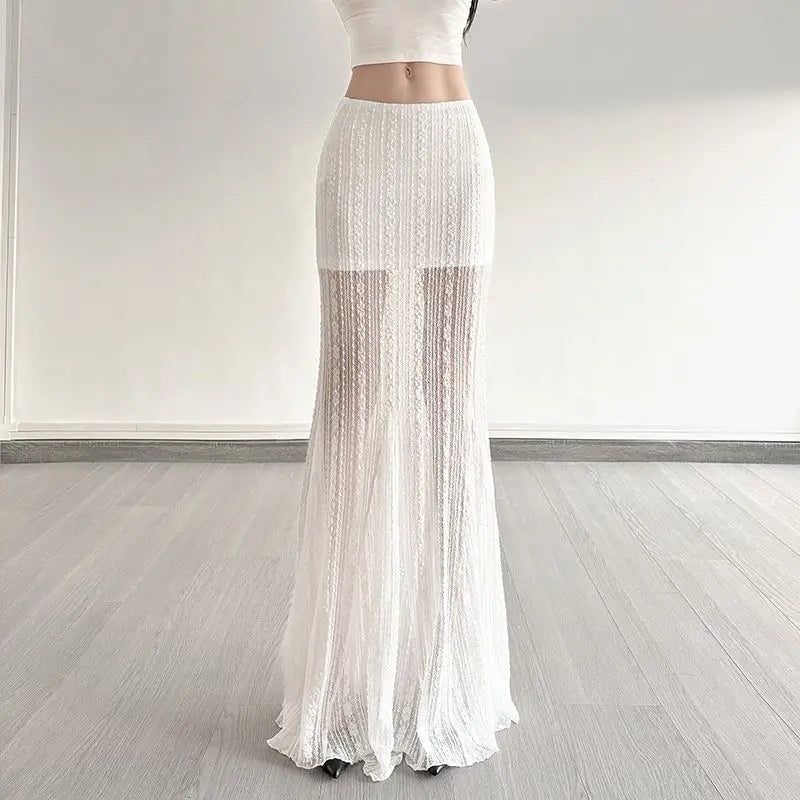 White Mesh Lace Half Length Skirt