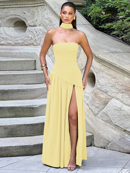 Backless Slit Ribbon Strapless Maxi Dress