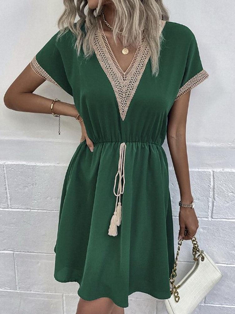 Crochet Trim Deep V-Neck Drawstring Tie Waist A-Line Mini Dress