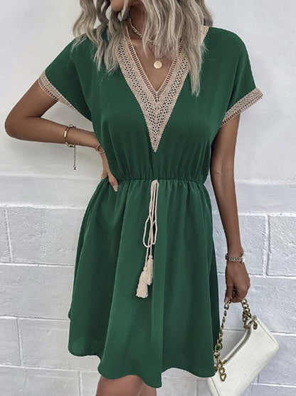 Crochet Trim Deep V-Neck Drawstring Tie Waist A-Line Mini Dress