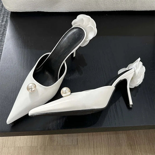 Silk Flower Woman Pumps Shallow Pointed Toe Low Thin Heels Shoes