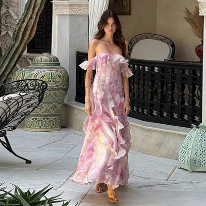 Pleated Off Shoulder Floral Dress