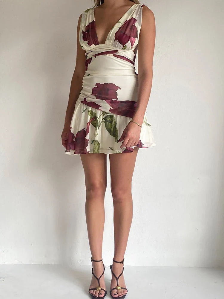 Backless Ruffle Halter Ruched Vacation Dress
