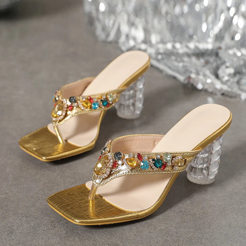 Gem Rivet Women Slippers Sandals with Transparent Low Heels