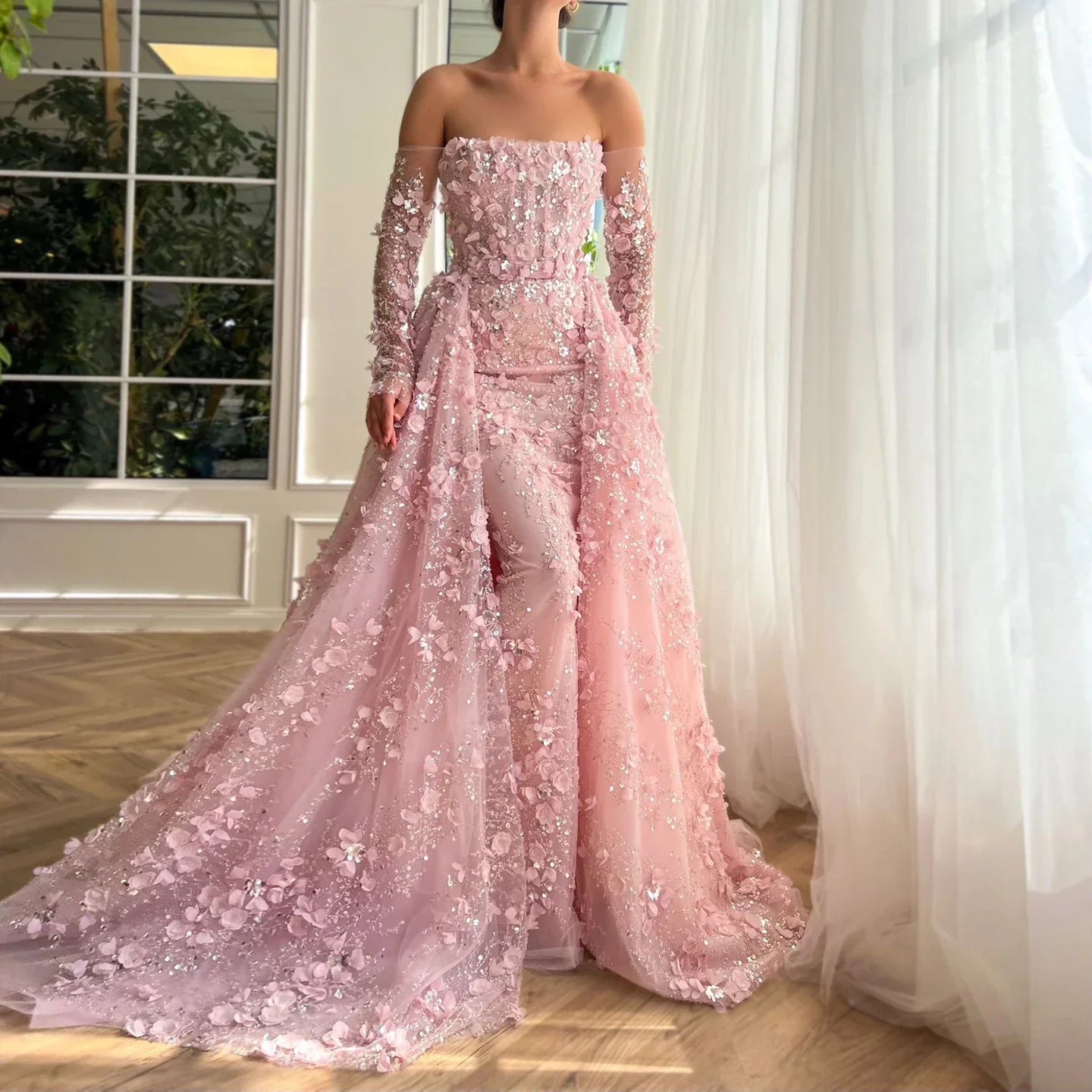3D Flowers Evening Dress with Overskirt Long Sleeves