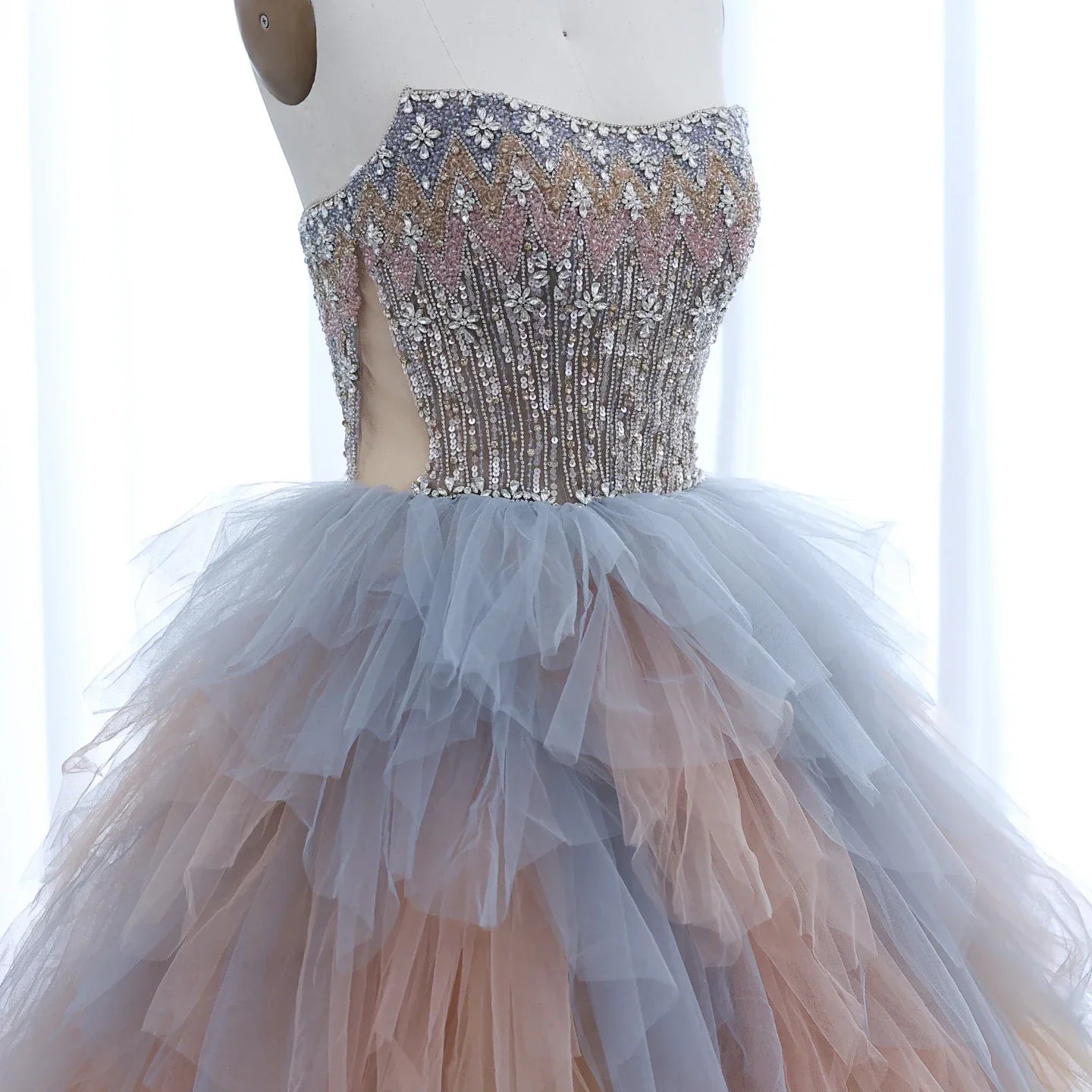 Rose Gold Ruffles Princess Ball Gown Evening Dress