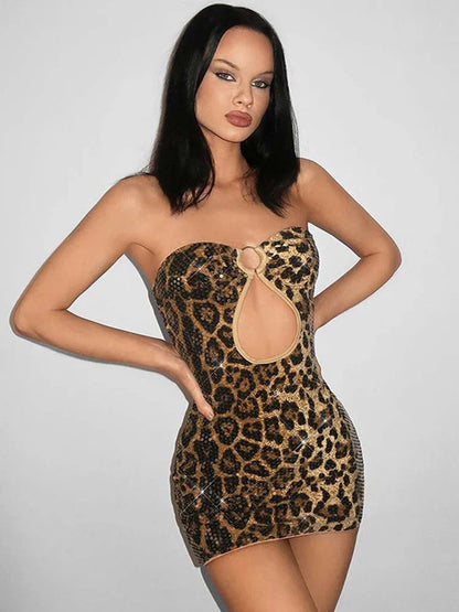 Leopard Sequin Backless Mini Dress