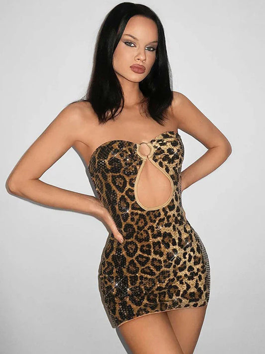 Leopard Sequin Backless Mini Dress