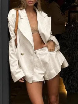 Textured Solid Suits For Women Double Breasted Long Sleeve Outerwear+Raw Hem Shorts Sets Casual Fashion Two-piece Set