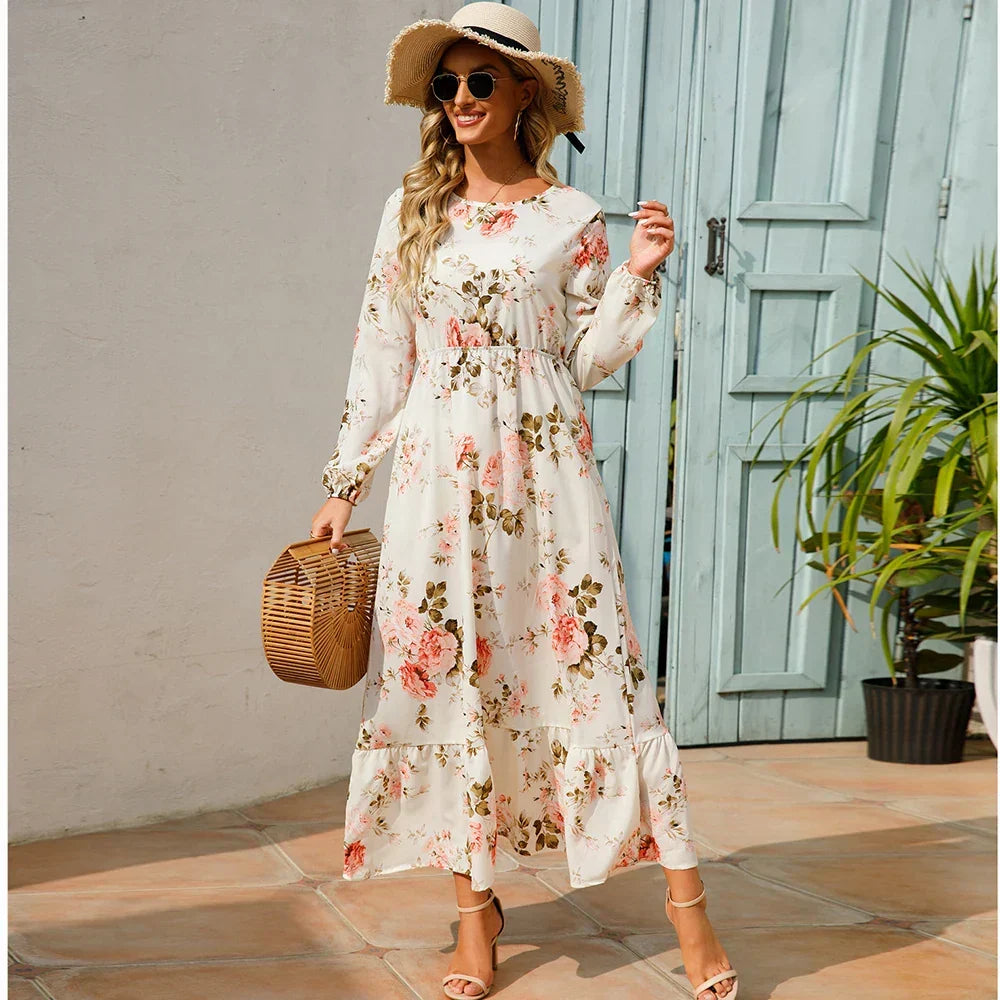 Ditsy Floral Crew Neck Lantern Sleeve Smocked Waist Ruffle Hem Maxi Dress