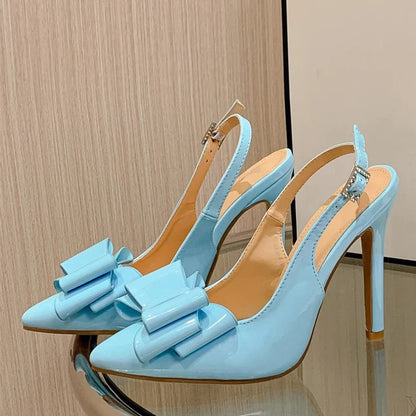 Blue Leather Bowknot Pointed Toe Stiletto High Heels for Women