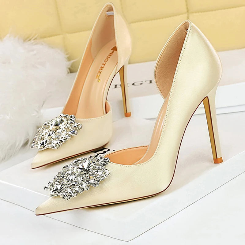 Satin Rhinestone High Heels for Women - Elegant Banquet Stilettos Lady Heels
