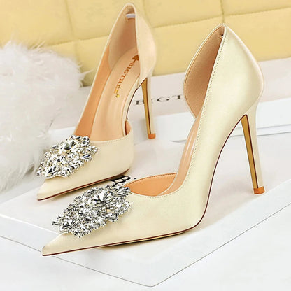Satin Rhinestone High Heels for Women - Elegant Banquet Stilettos Lady Heels