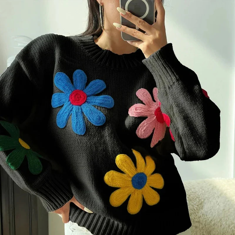 Autumn Knitted Women Sweater Sweet Flower Loose Long Sleeve O-neck Female Pullovers 2025 New Casual Loose Ladies Tops Streetwear