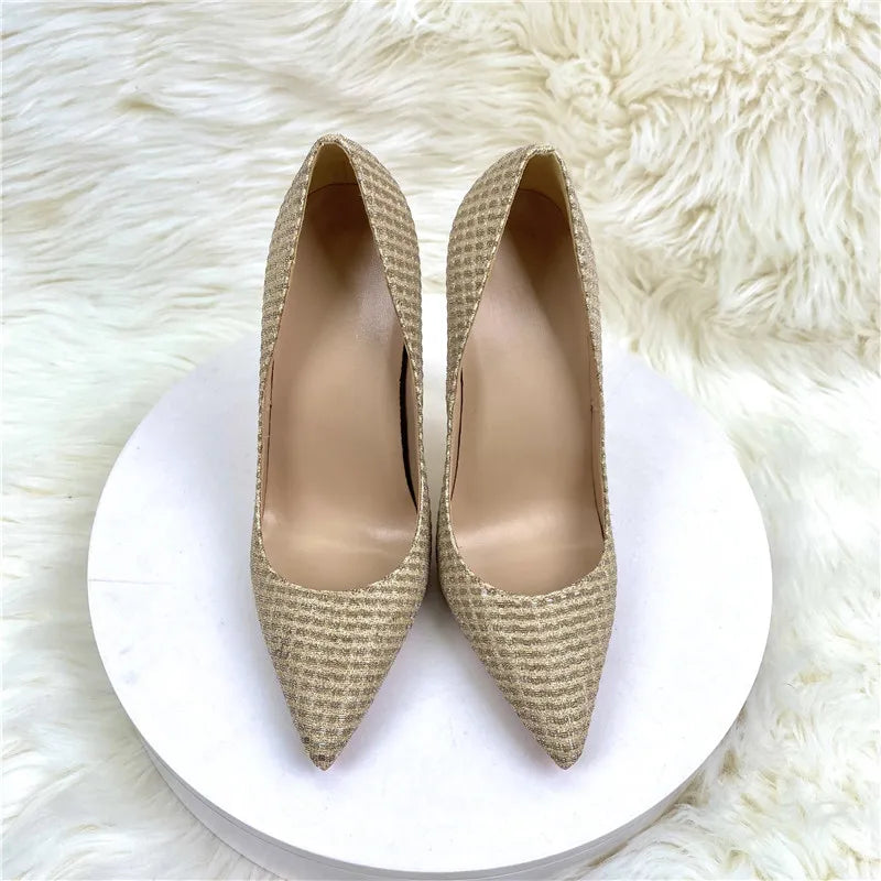 Gold Sequined Women Pointy Toe High Heels