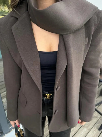 Solid Woolen Blazer With Scarf Coat