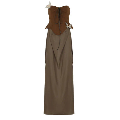 Lace Up Corset Butterfly Applique Draped Waist Maxi Skirt Set