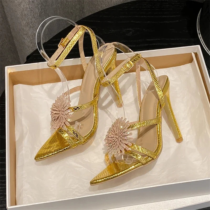 Crystal Flowers Pointed Toe Sandals with Ankle Buckle Strap and Thin High Heels for Prom