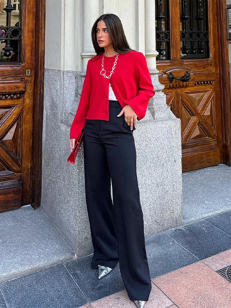 Elegant Slim Fit Women's Jacket Round Neck Single Breasted Long Sleeve Short Jackets Fashion Solid Color Casual Coat Outerwears